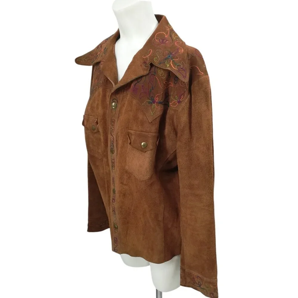 Vintage Suede Embroidered Snap Western Jacket Shirt Size XL Brown Rainbow Collar